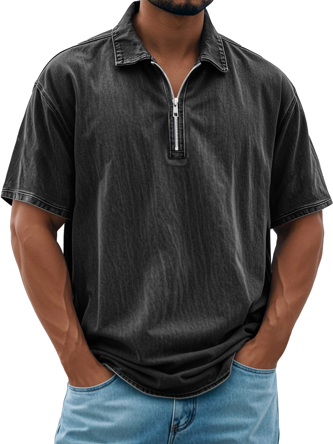 Herren Retro Daily Revers Reißverschluss Freizeit Kurzarm POLO Shirt-deurabatt