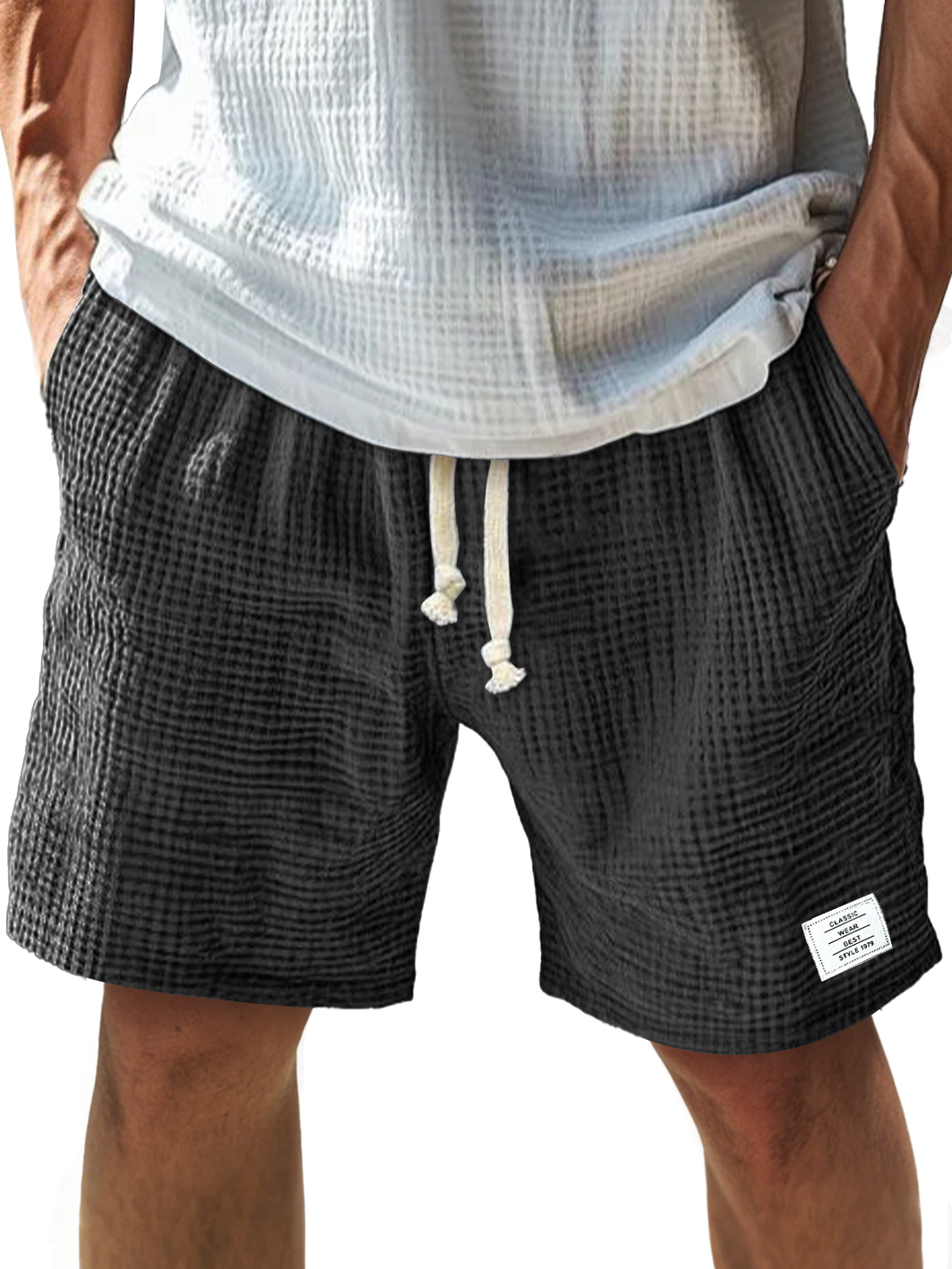 Herren Alltags-Textur Besticktes Logo Elastischer Bund Mit Kordelzug Komfort Shorts-ZierMode