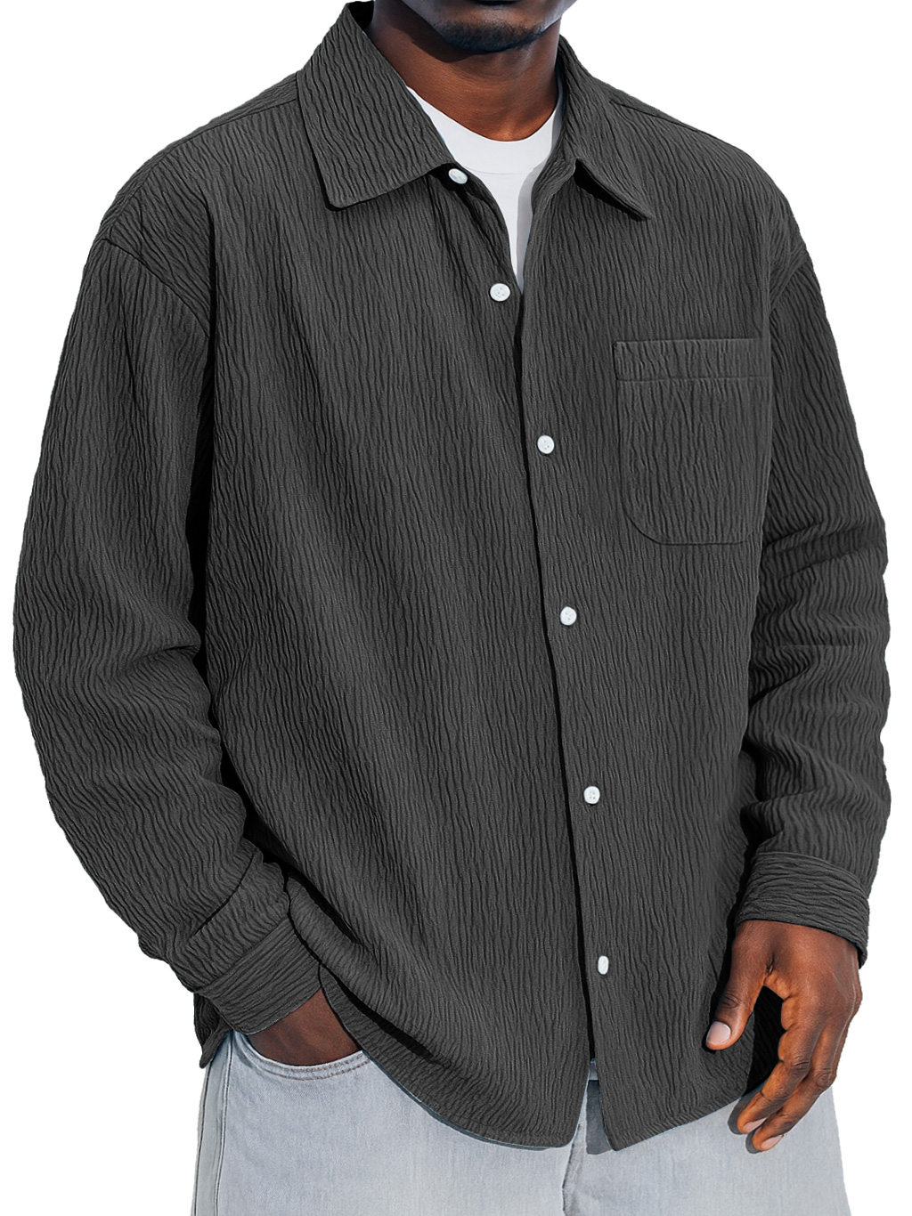 Herren Daily Falten Tasche Freizeit Einfarbig Langarmshirt-deurabatt