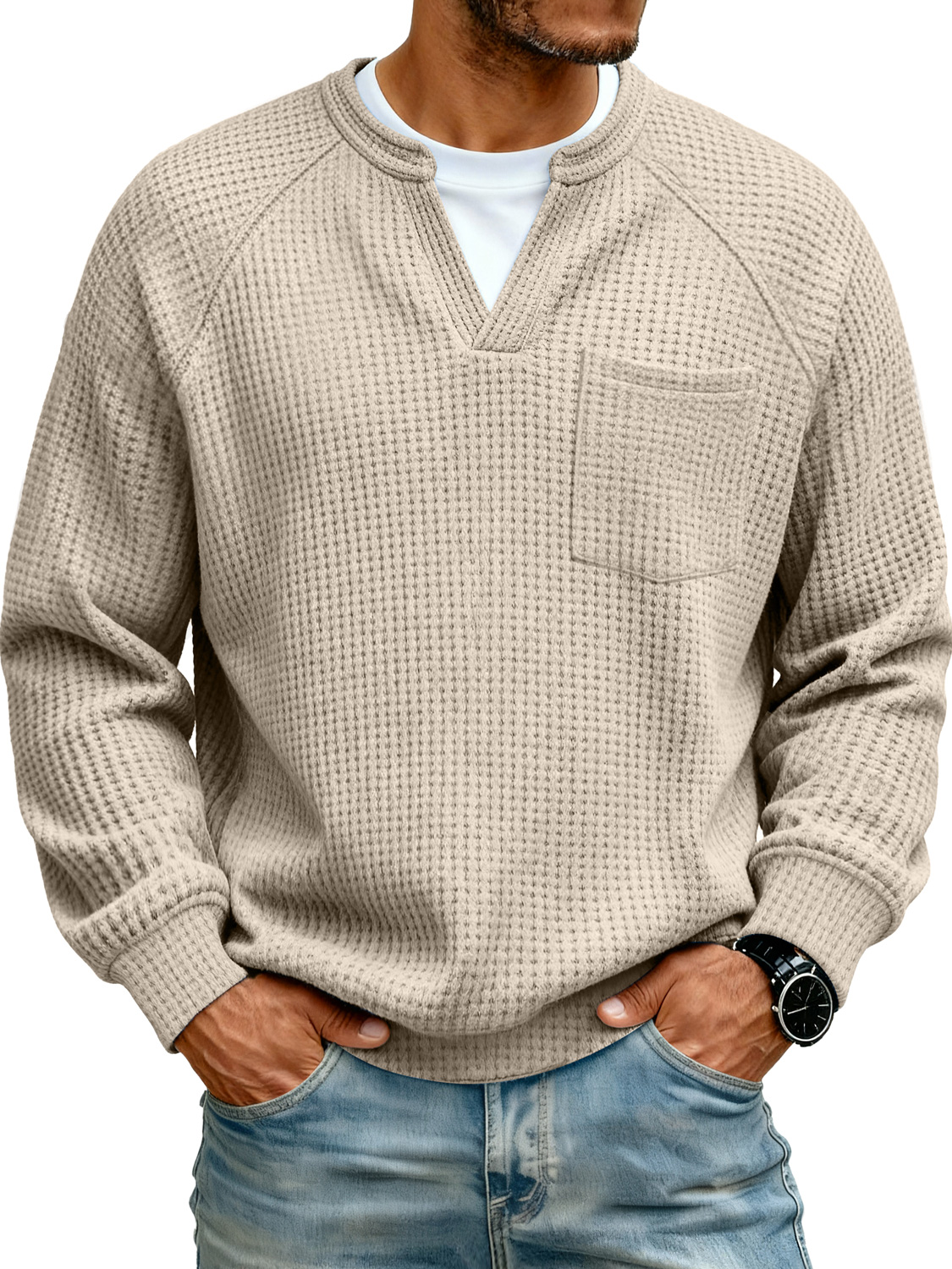 Herren Raglan Waffelstrick Faux Zwei-Teile Freizeit Tasche Langarm T-Shirt-deurabatt