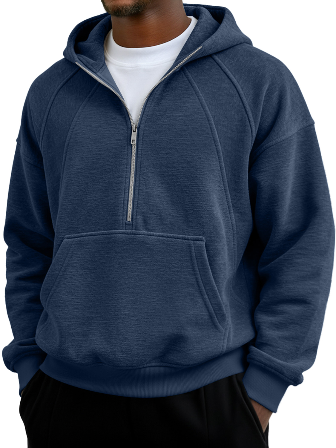 Herren Einfaches Raglanärmel Patchwork Reißverschluss Kapuzen Freizeit Tasche Sweatshirt-deurabatt