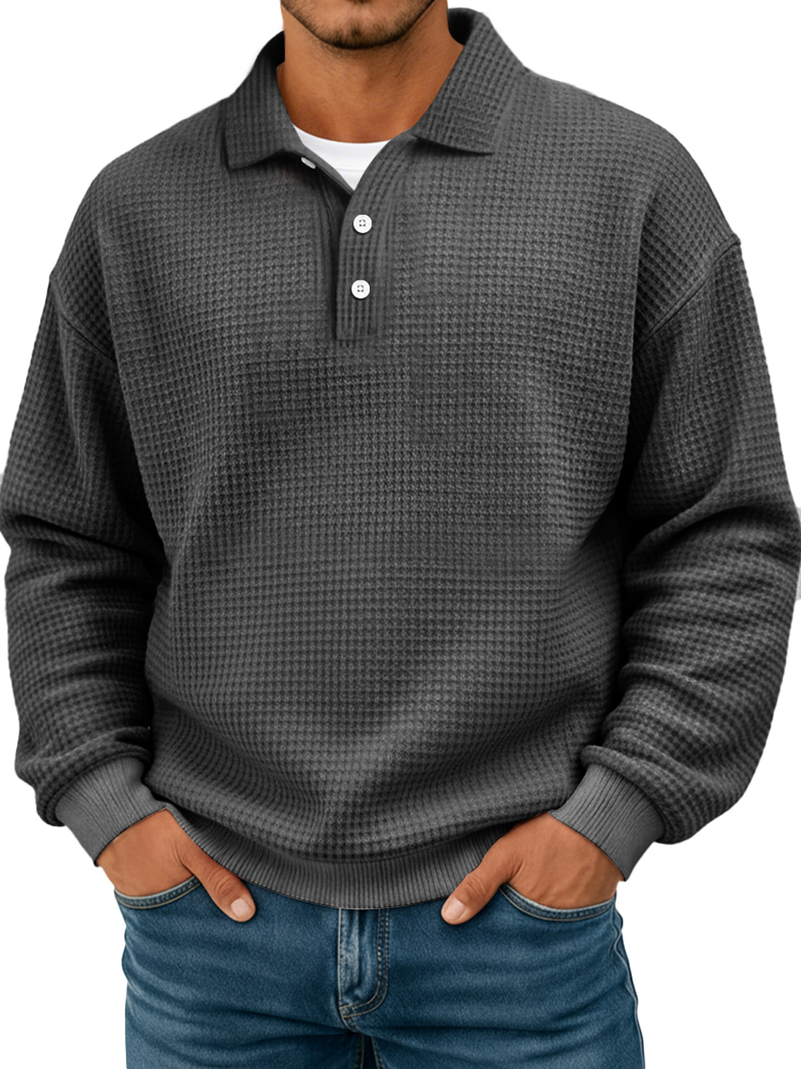 Einfaches Waffelstruktur Revers Knopf lässiges langärmliges POLO-Shirt-deurabatt