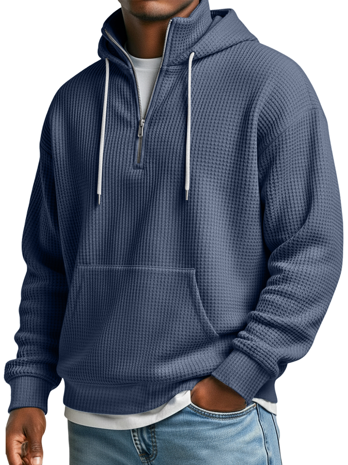 Herren Waffelkragen Reißverschluss Lässiger Lockere Kapuzenpullover-deurabatt