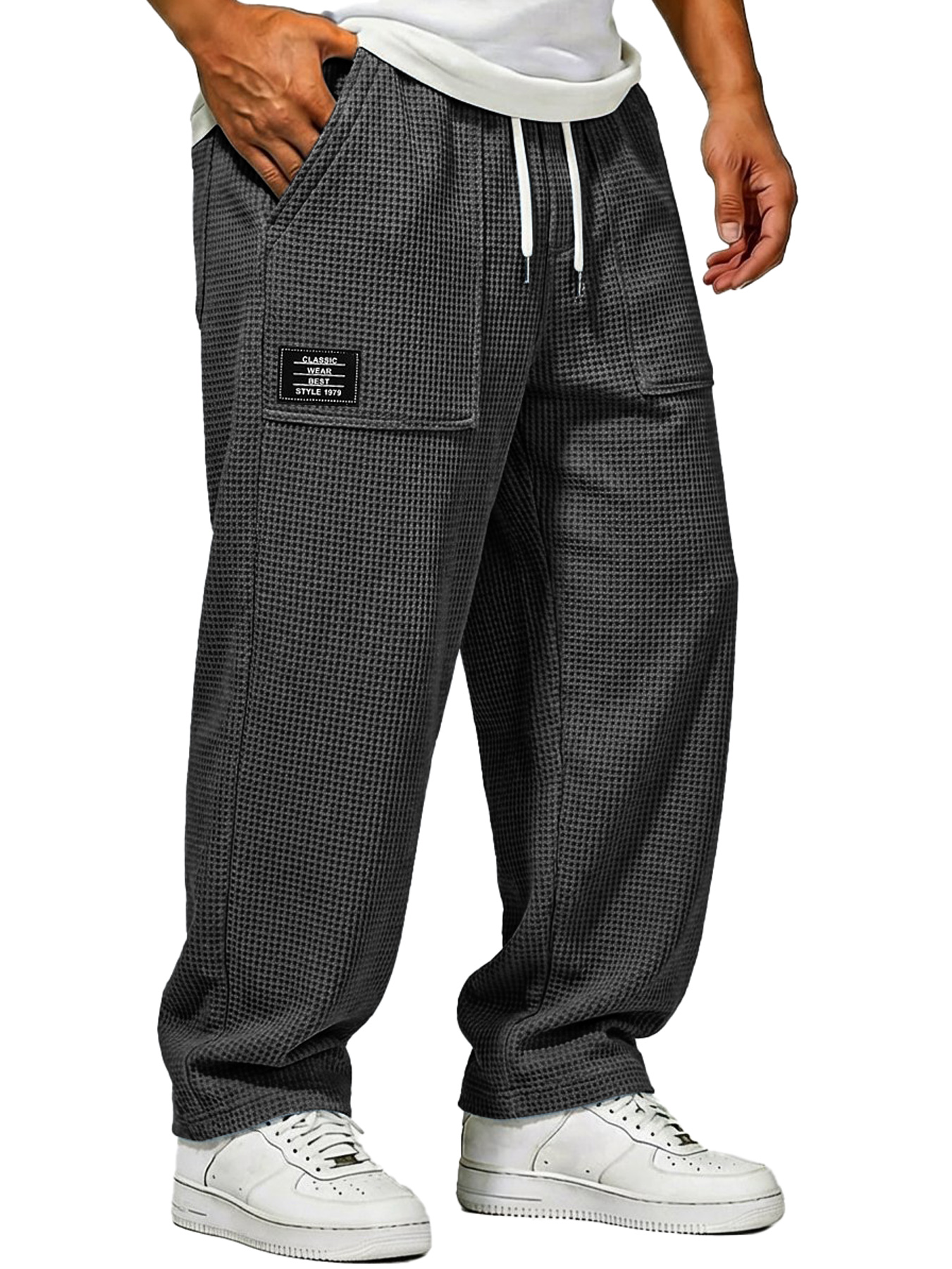 Herren Waffelstrick Freizeitlockere Hose mit aufgesetzten Taschen und gesticktem Logo-deurabatt