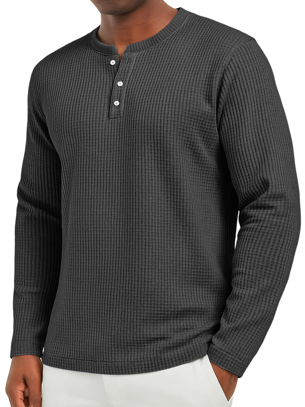 Herren Alltags Waffel Freizeit Button-Down Langarm Henley-deurabatt