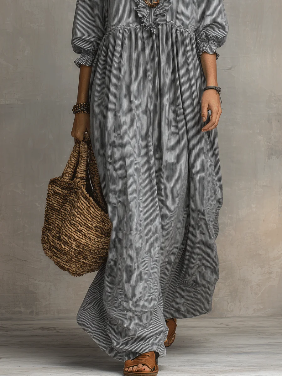 Women's Striped Art Print Casual Stylish Ruffled Vacation Maxi Dress-ZierMode