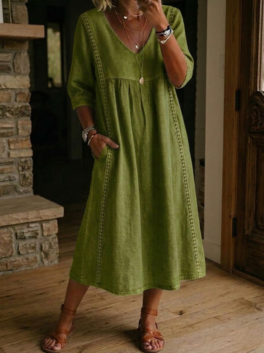 Clearance Sale🔥 Women's Casual Loose-fitting Patchwork Lace Trim Linen And Cotton Dress-ZierMode