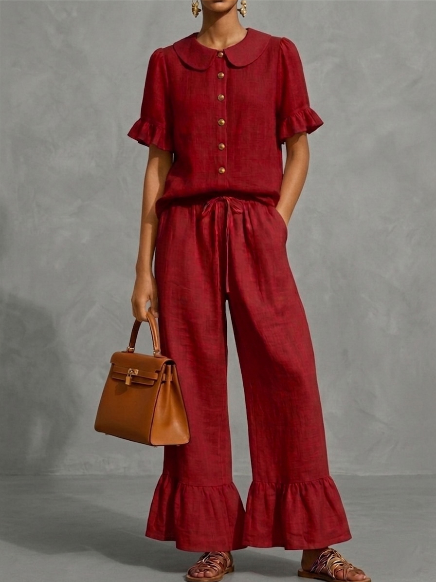 Stylish Ruffled Shirt And Wide-leg Pant Linen Two-piece Set