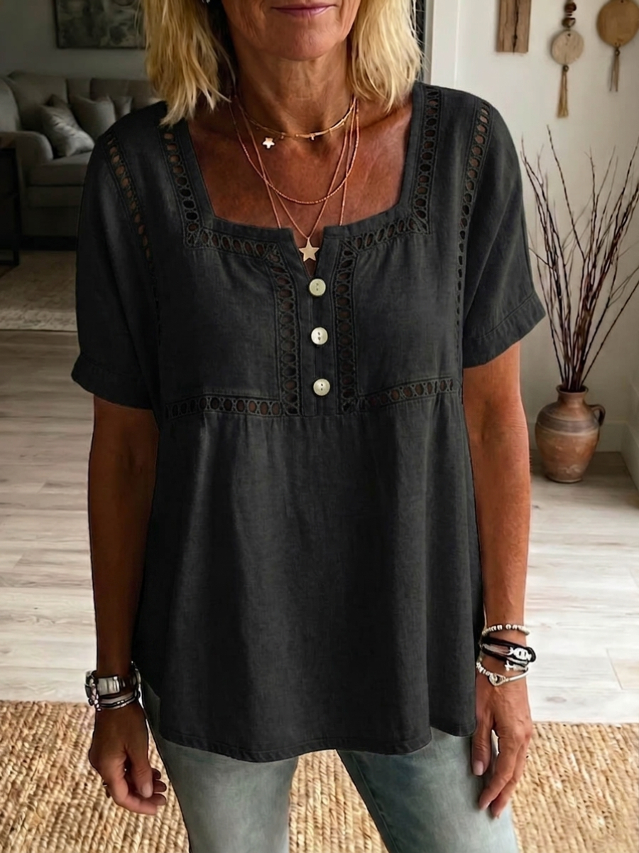 New Arrivals🔥 Women's Solid-color Square-neck Short-sleeve Casual Loose Cotton-linen Top