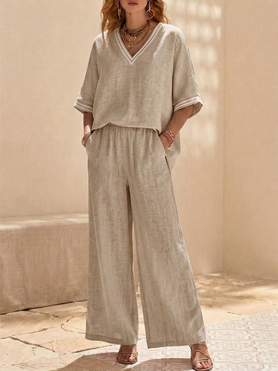 Cozy Loose Fit V Neck Striped Cotton Linen Two Piece Set