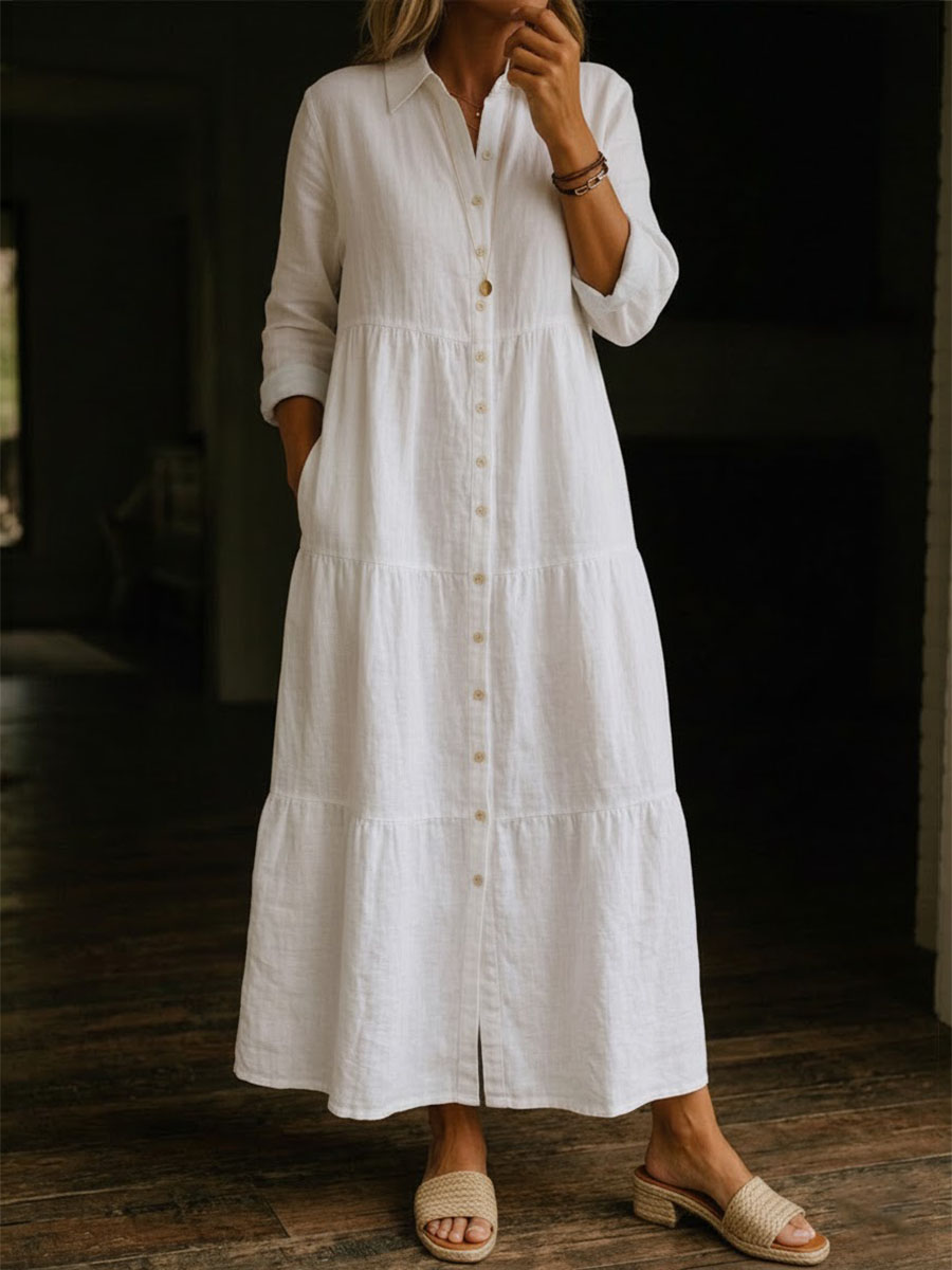 Damen-Freizeitkleid aus Baumwoll-Leinen-Mischgewebe, einfarbig, lang