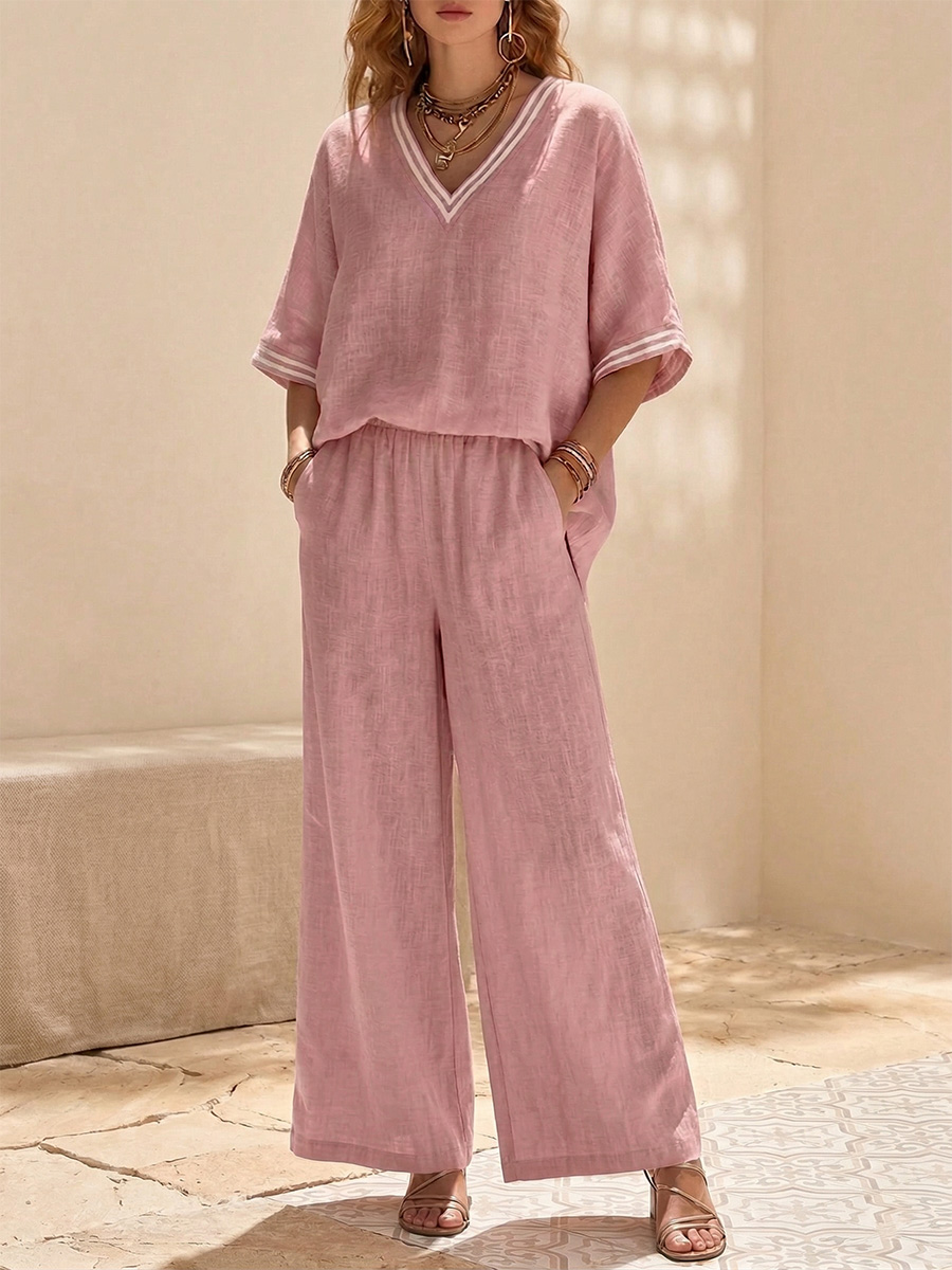 Cozy Loose Fit V Neck Striped Cotton Linen Two Piece Set