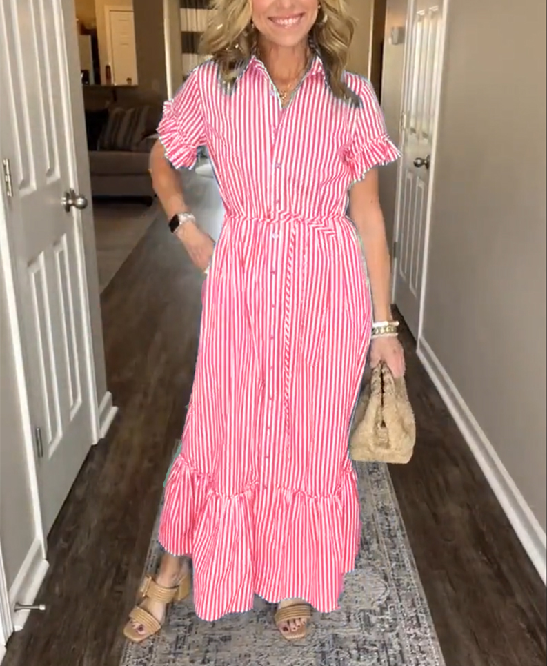 NEW🔥Striped Cotton Lapel Button Shirt Dress