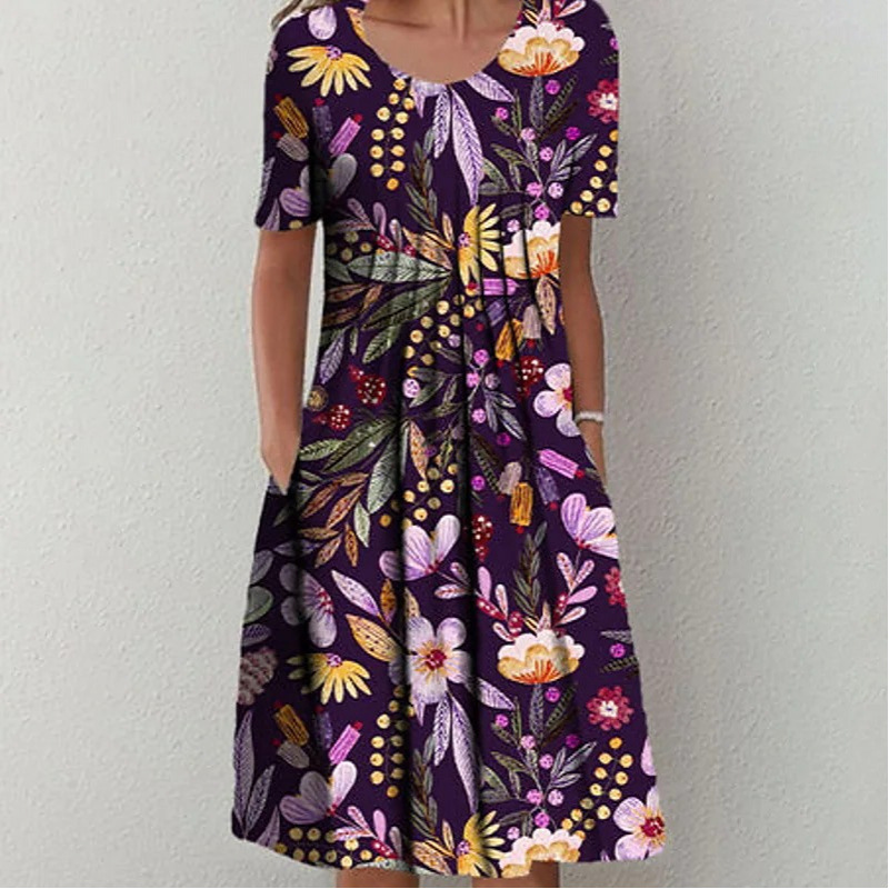 Women's Round Neck Short Sleeve Floral Print Dress