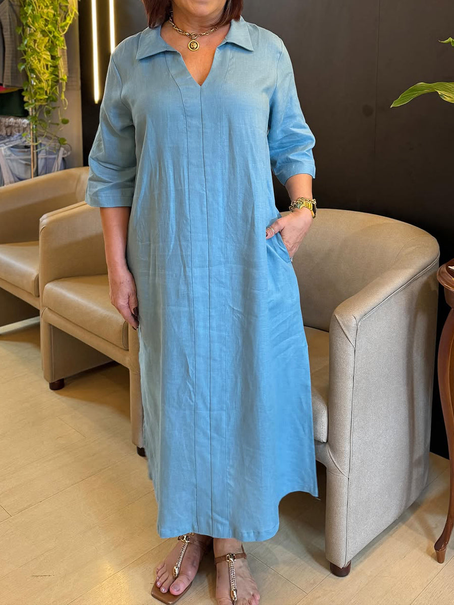 Damenkleid aus Baumwolle und Leinen mit V-Ausschnitt und langen Ärmeln