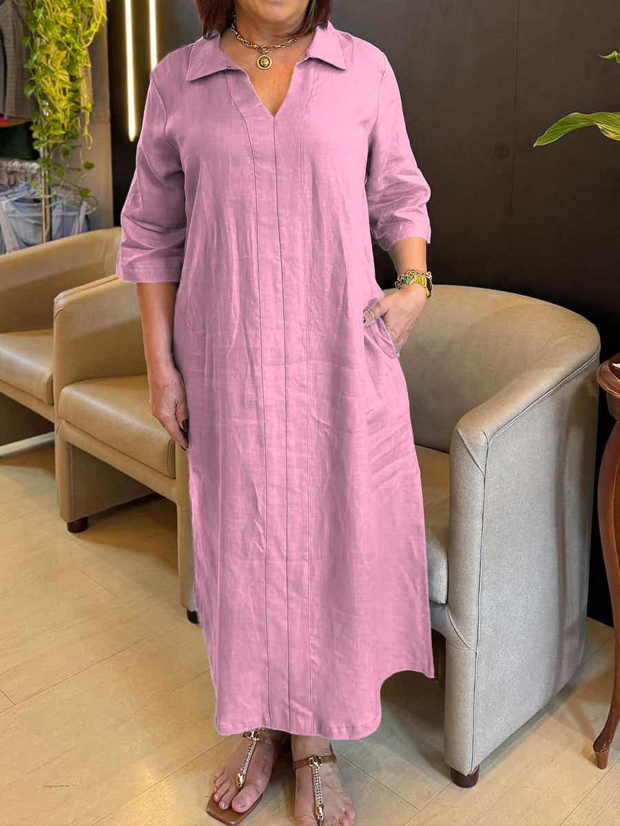 Damenkleid aus Baumwolle und Leinen mit V-Ausschnitt und langen Ärmeln