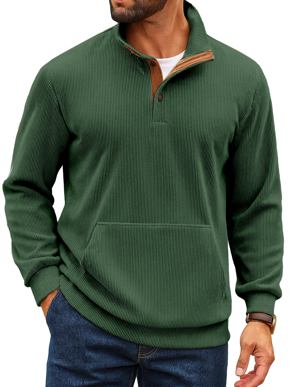 Herren Retro Einfarbiger Vertikaler Pit Streifen Stehkragen Knopf Langarm Sweatshirt-deurabatt