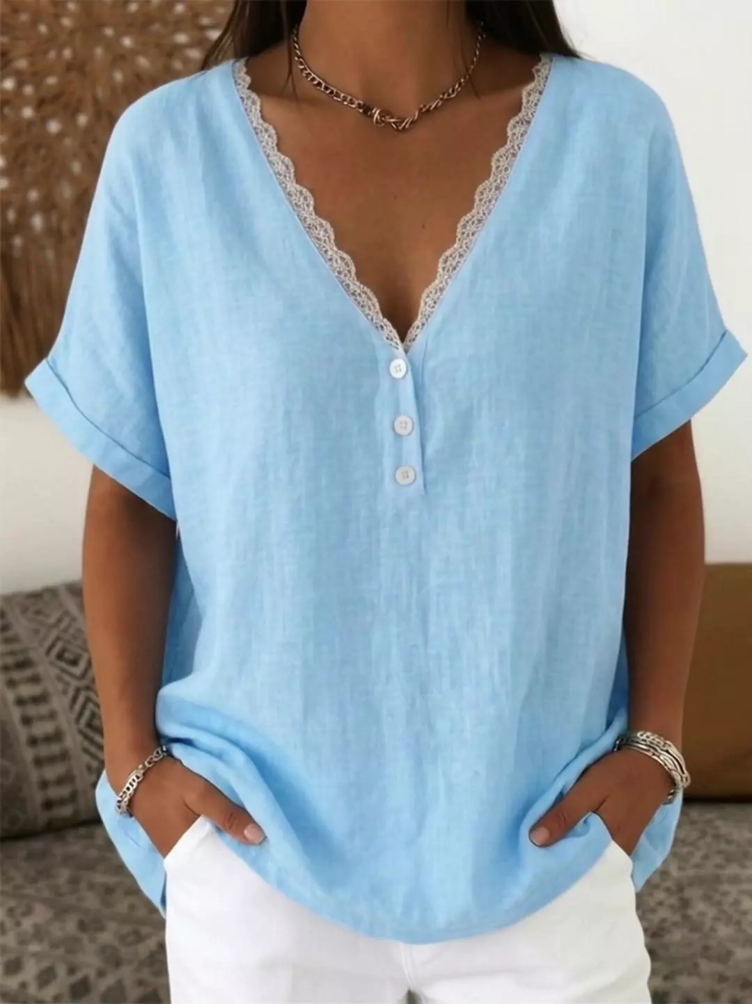 Solid-Color Short-Sleeve Top with Lace-Trimmed Collar
