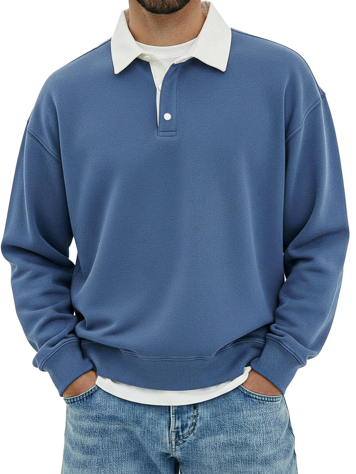 Herren Freizeit Poloshirt mit einfachem, lockerem Schnitt und langen Ärmeln in einfarbiger Farbe-ZierMode