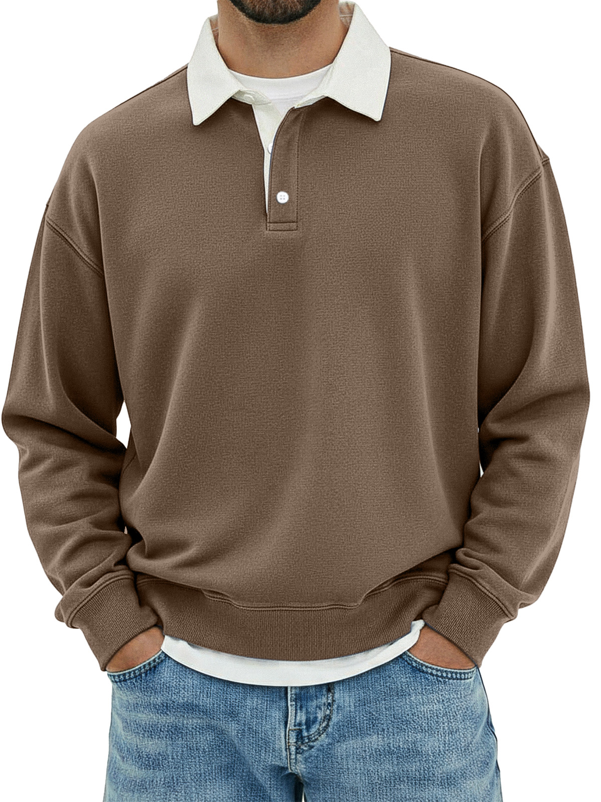 Herren Freizeit Poloshirt mit einfachem, lockerem Schnitt und langen Ärmeln in einfarbiger Farbe-ZierMode