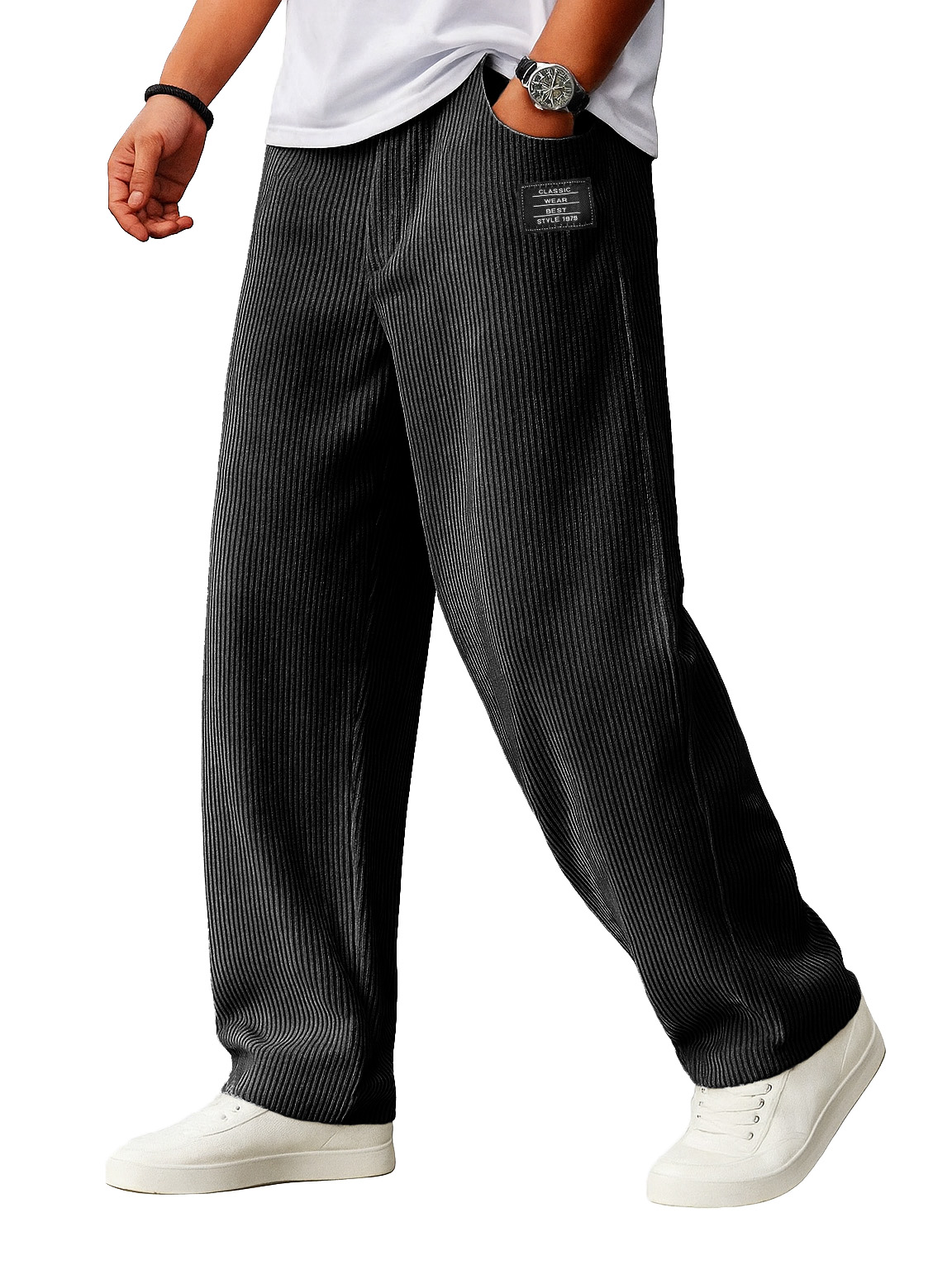 Herren lockere Mode Cordstoff gerippter Stoff besticktes Logo Kordelzug lockere elastische Taille Taschenhose-ZierMode