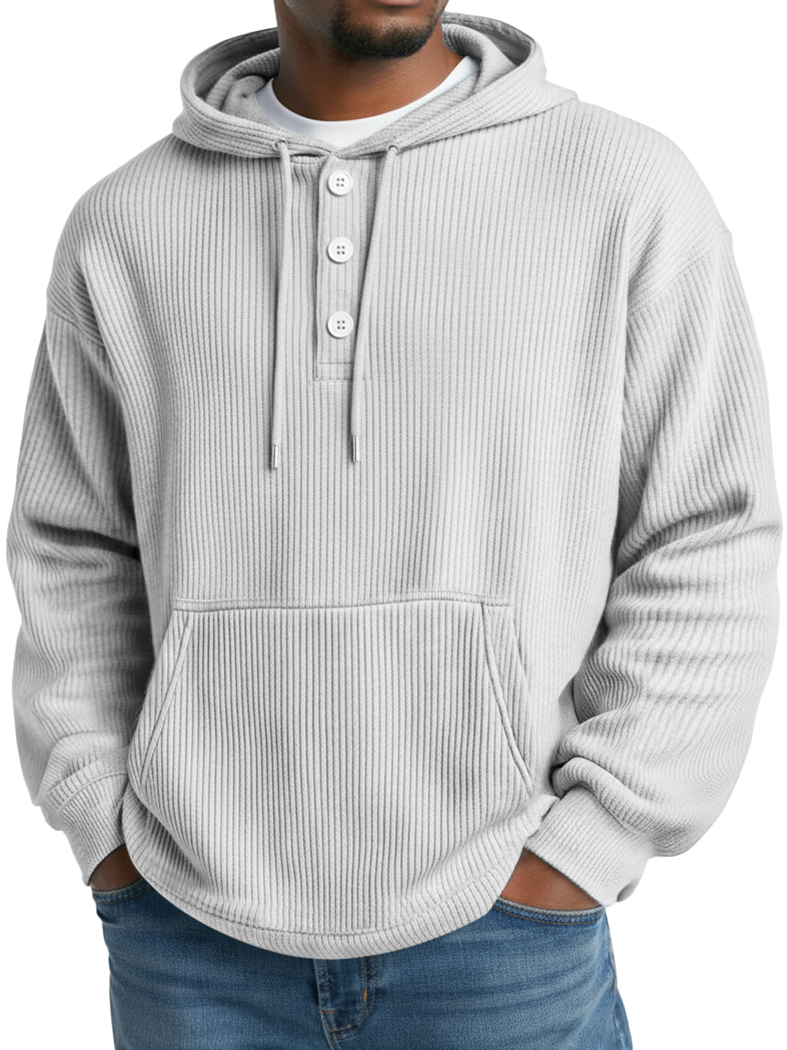 Herren Freizeit gestreifter Knopf einfarbiger Kapuzenpullover-deurabatt
