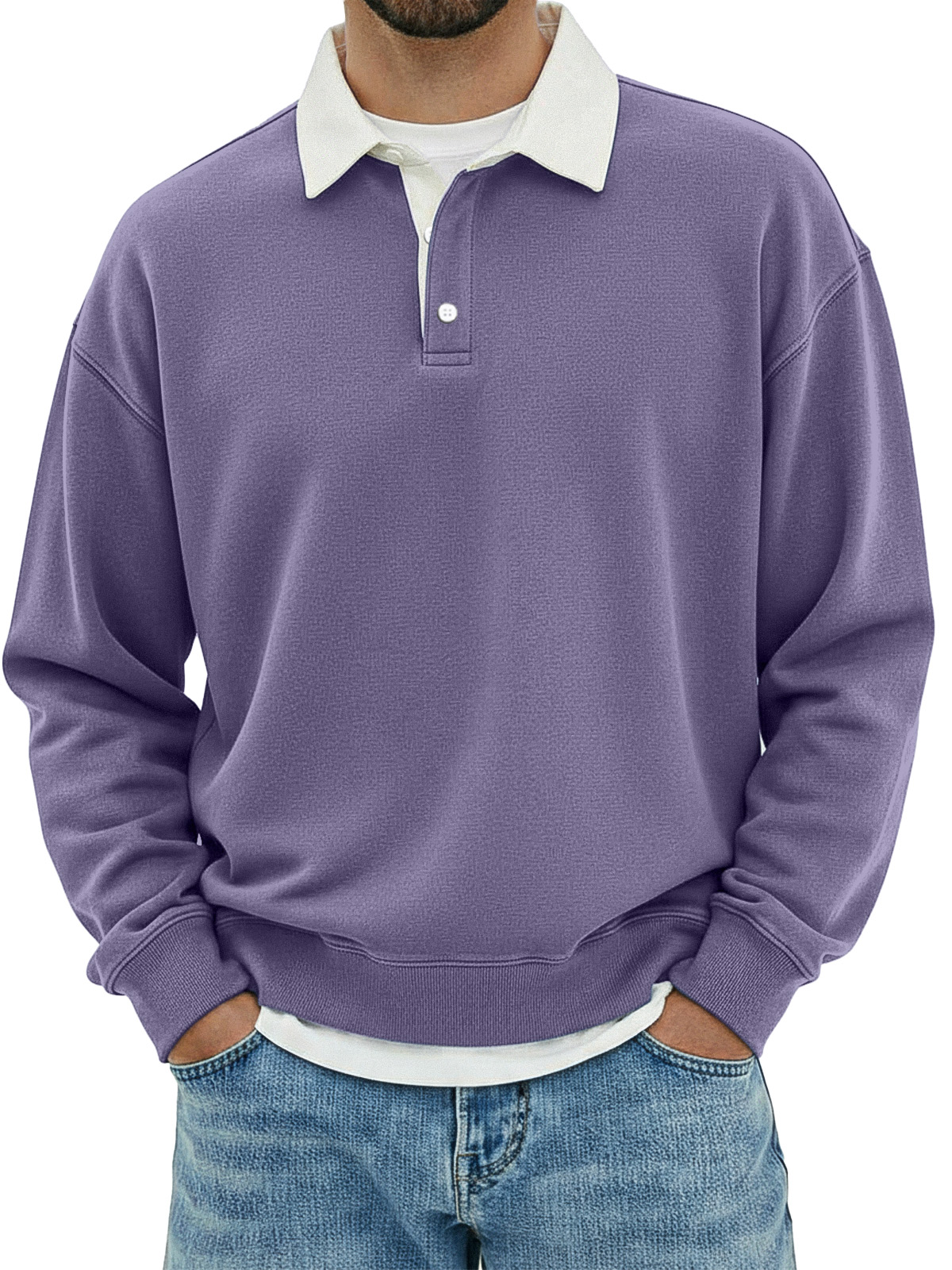 Herren Freizeit Poloshirt mit einfachem, lockerem Schnitt und langen Ärmeln in einfarbiger Farbe-ZierMode