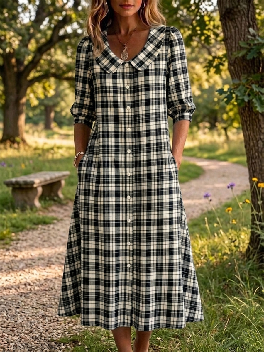 Abverkaufsaktion🔥 Damen Retro Peter Pan Kragen Streifen Druck Baumwoll-Leinen Kleid-ZierMode