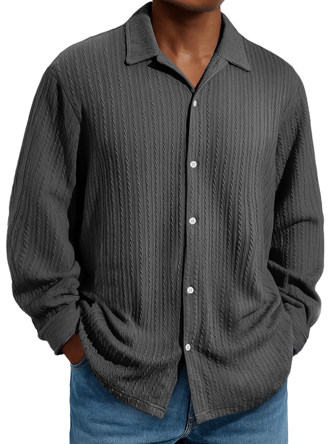 Herren Daily Jacquard Struktur Freizeit- und Komfort Langarmhemd-deurabatt