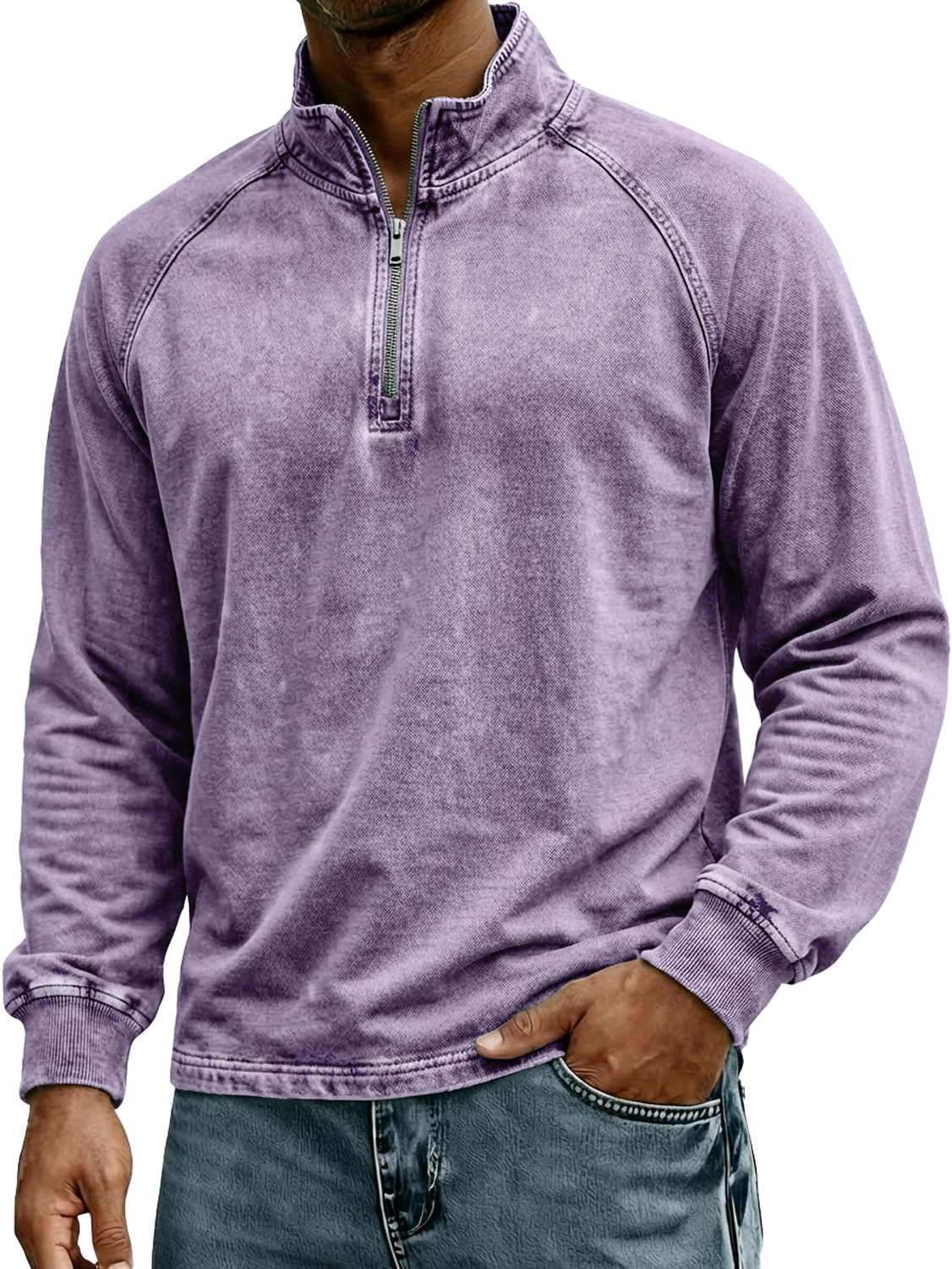 Herren Retro Stehkragen Reißverschluss Raglan Design Freizeit Langarm T-Shirt-deurabatt