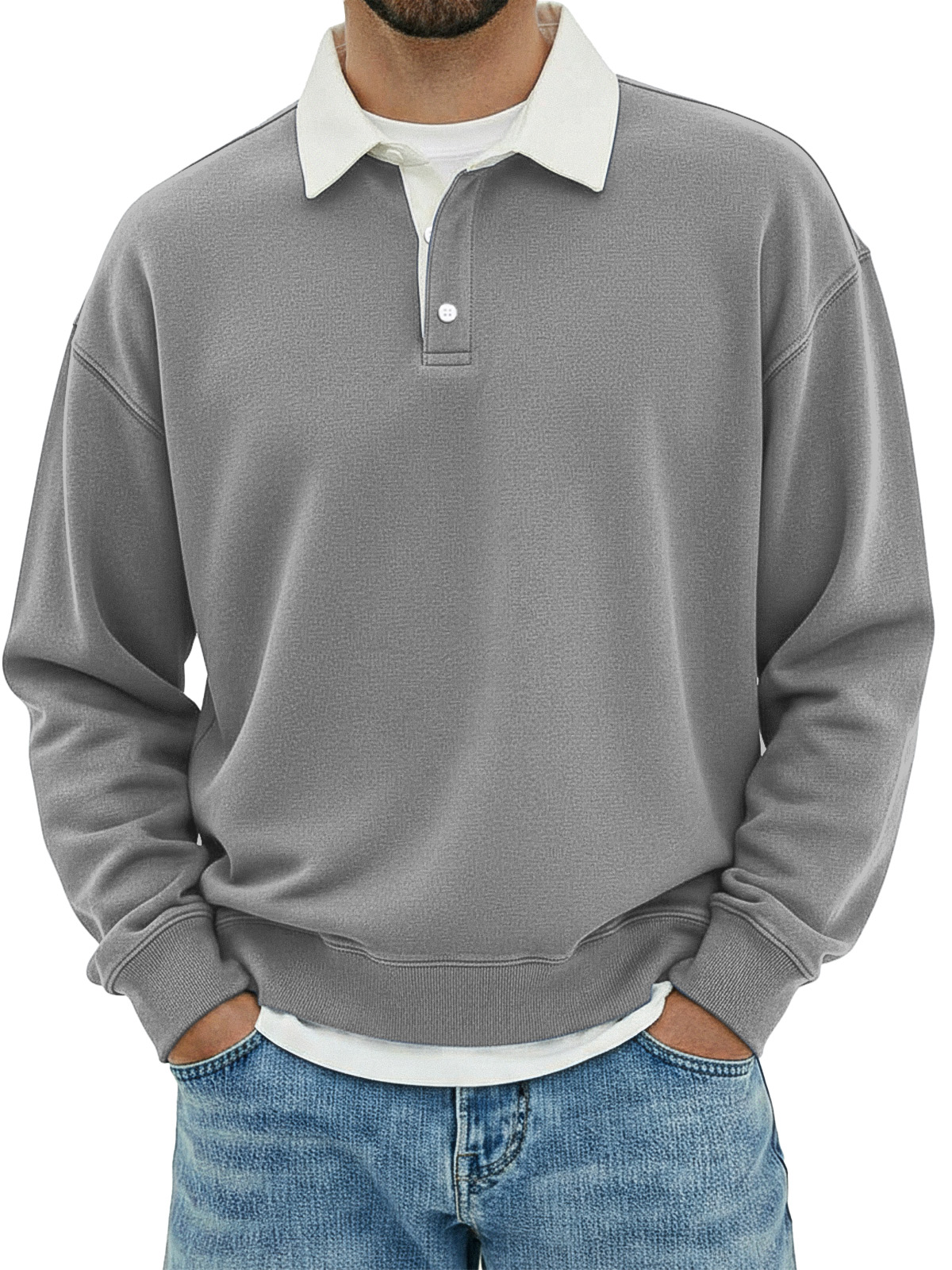 Herren Freizeit Poloshirt mit einfachem, lockerem Schnitt und langen Ärmeln in einfarbiger Farbe-ZierMode