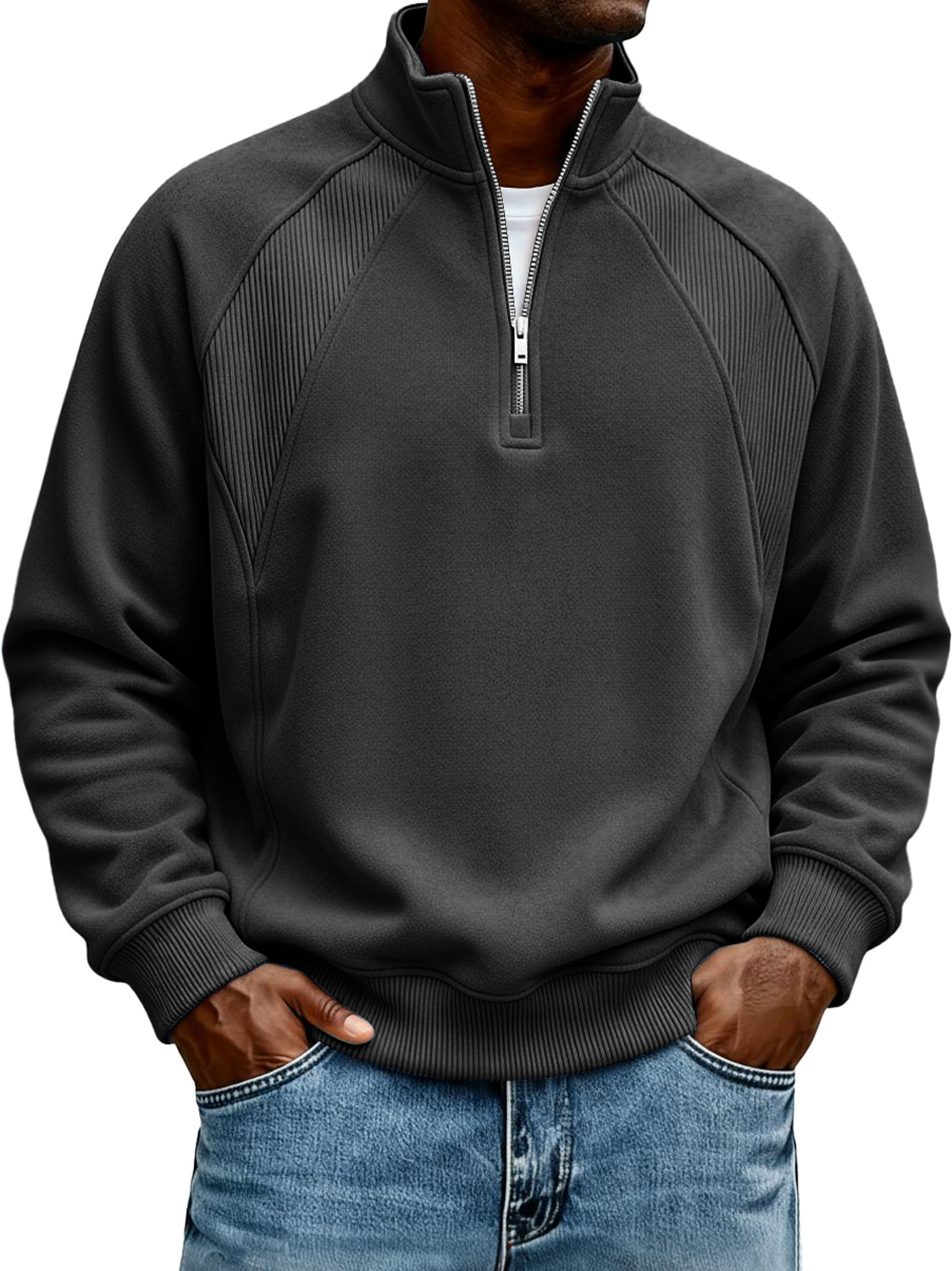 Herren-Sweatshirt mit Stehkragen und Reißverschluss, Raglanärmel-deurabatt