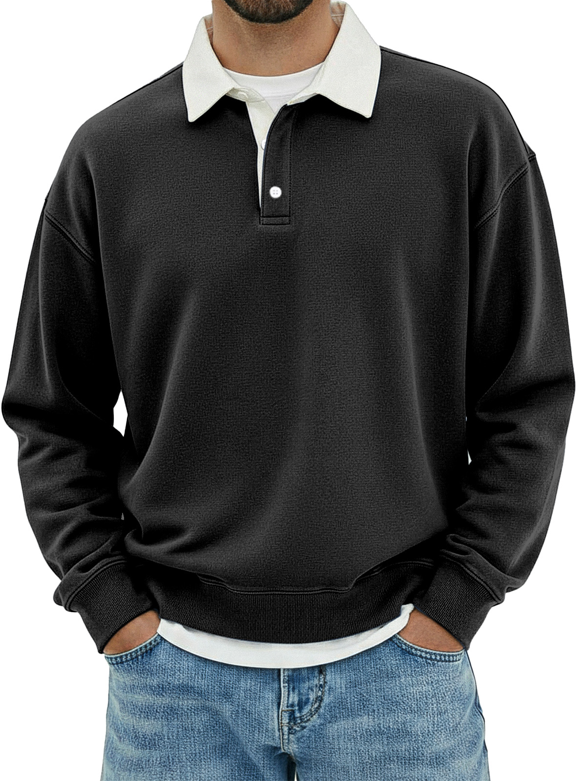 Herren Freizeit Poloshirt mit einfachem, lockerem Schnitt und langen Ärmeln in einfarbiger Farbe-ZierMode