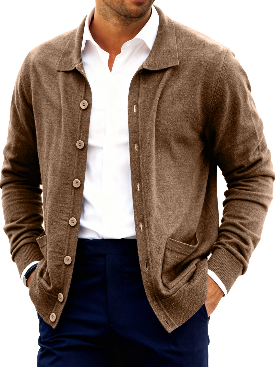 Herrenmode Revers Knopf Doppelter Taschen Pullover Jacke-deurabatt