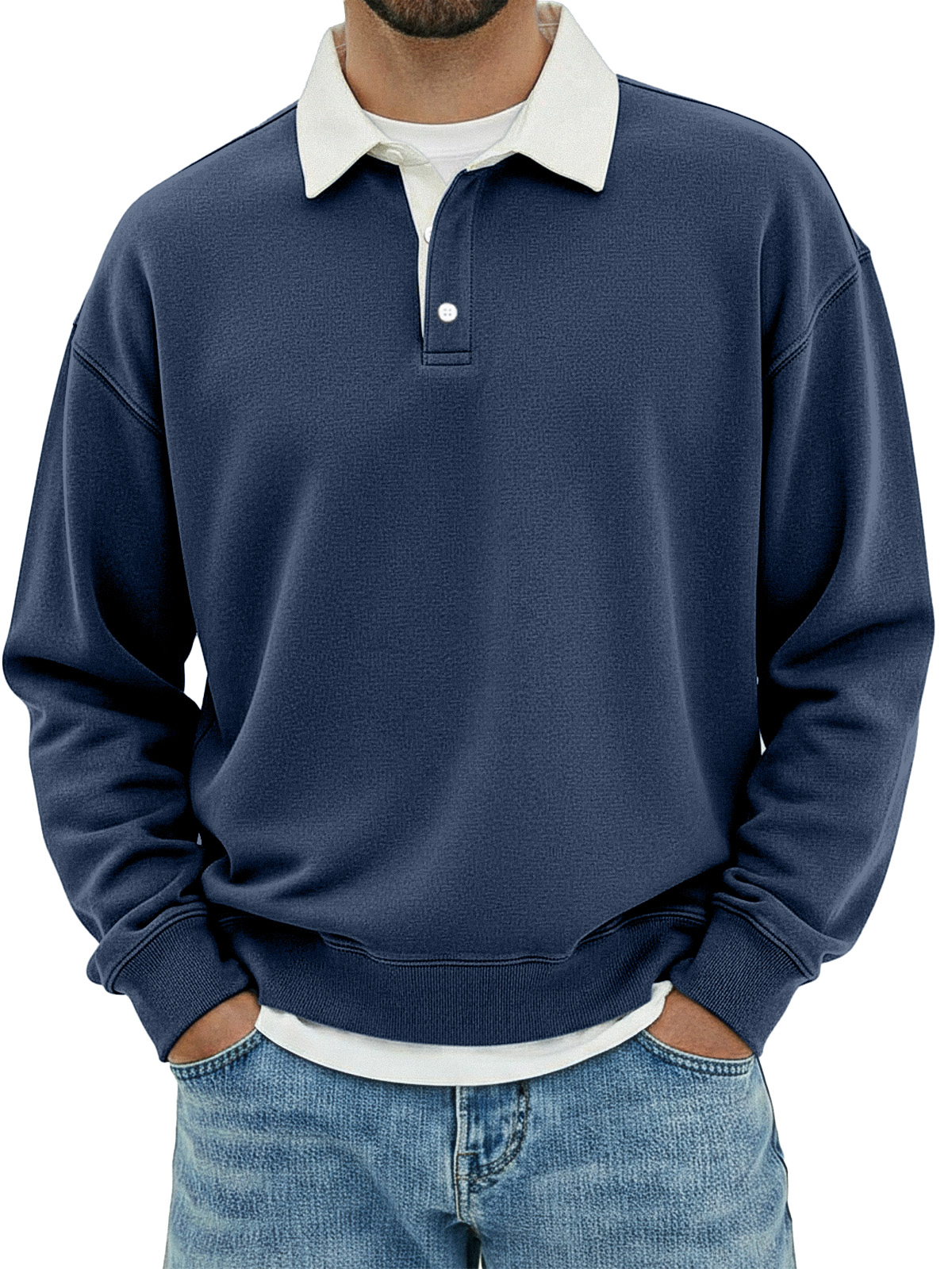 Herren Freizeit Poloshirt mit einfachem, lockerem Schnitt und langen Ärmeln in einfarbiger Farbe-ZierMode
