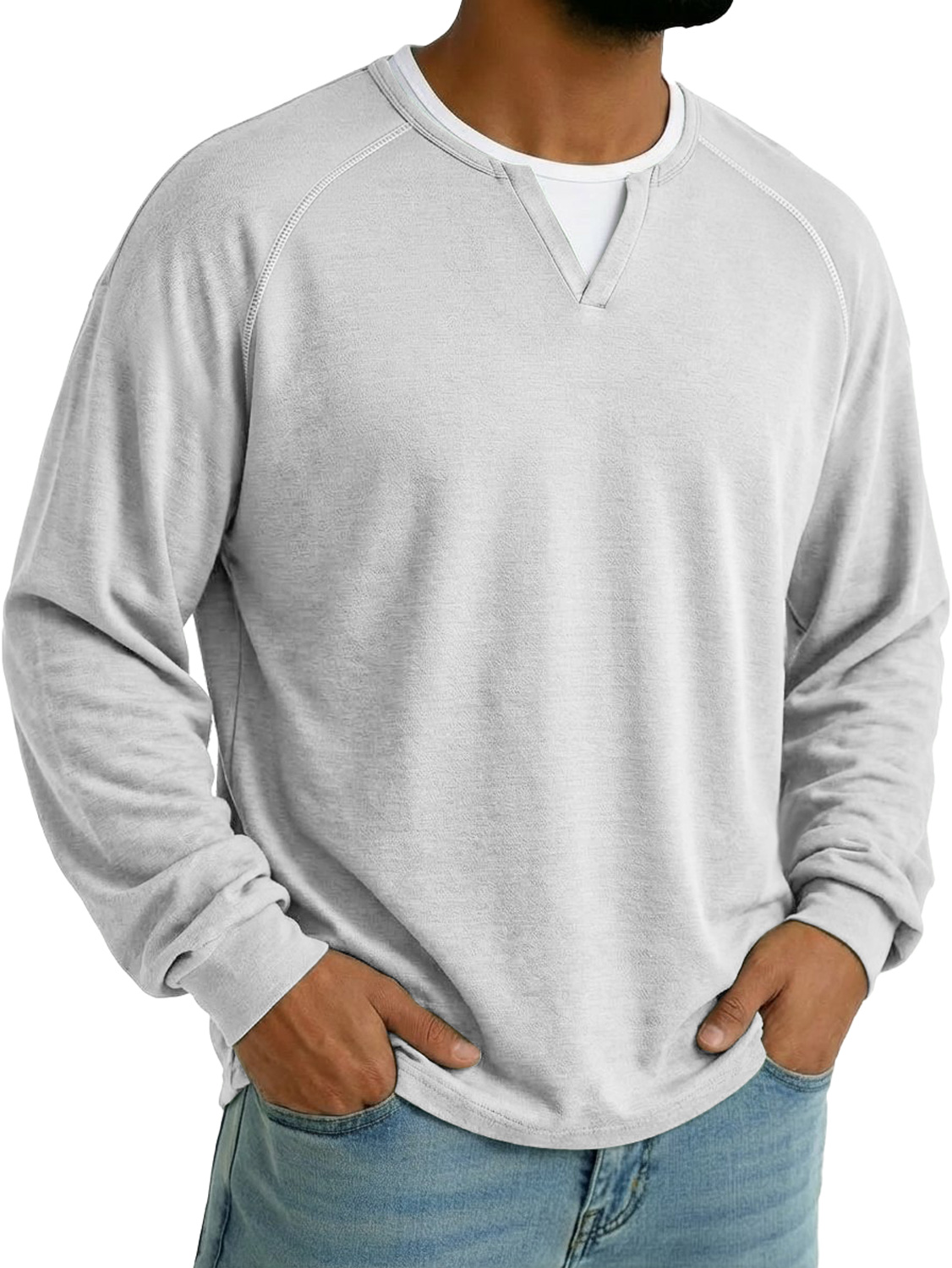 Herren Faux Zweiteilig Doppel-Lagen Kragen Raglan Ärmel Lässiges Langarm T-Shirt-deurabatt