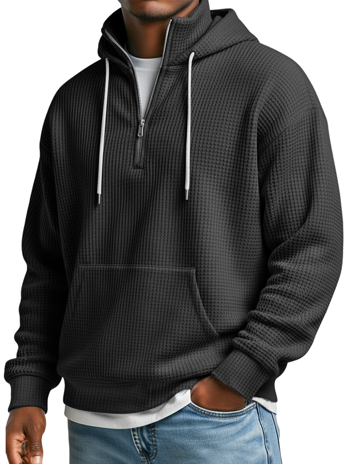 Herren Waffelkragen Reißverschluss Lässiger Lockere Kapuzenpullover-deurabatt