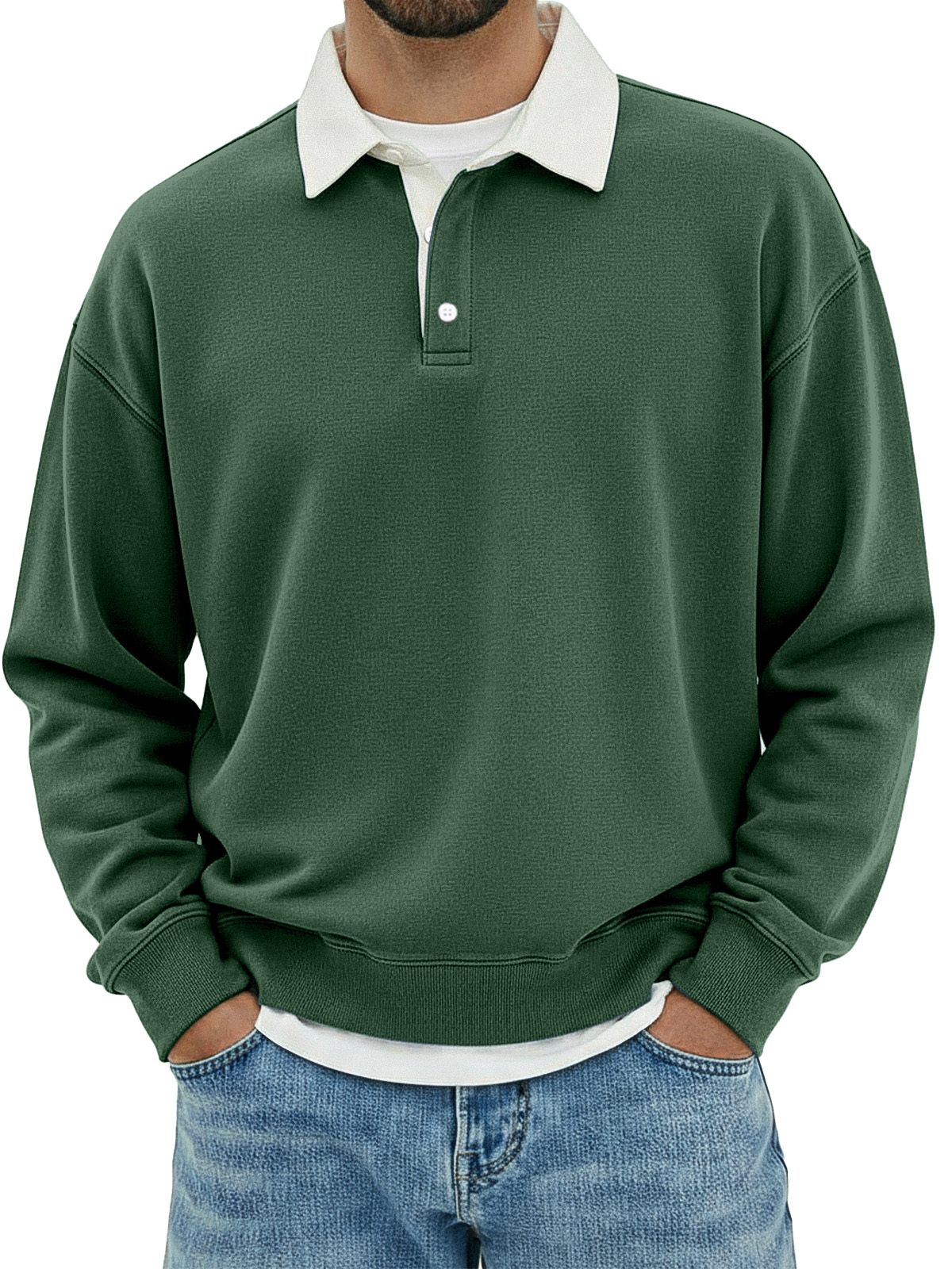 Herren Freizeit Poloshirt mit einfachem, lockerem Schnitt und langen Ärmeln in einfarbiger Farbe-deurabatt