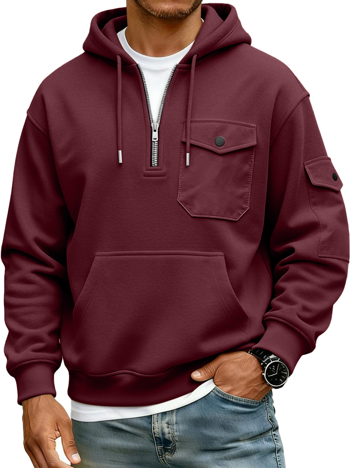 Herren Mehrfachtaschen Reißverschluss Kapuzen Freizeit Arbeits Sweatshirt-deurabatt