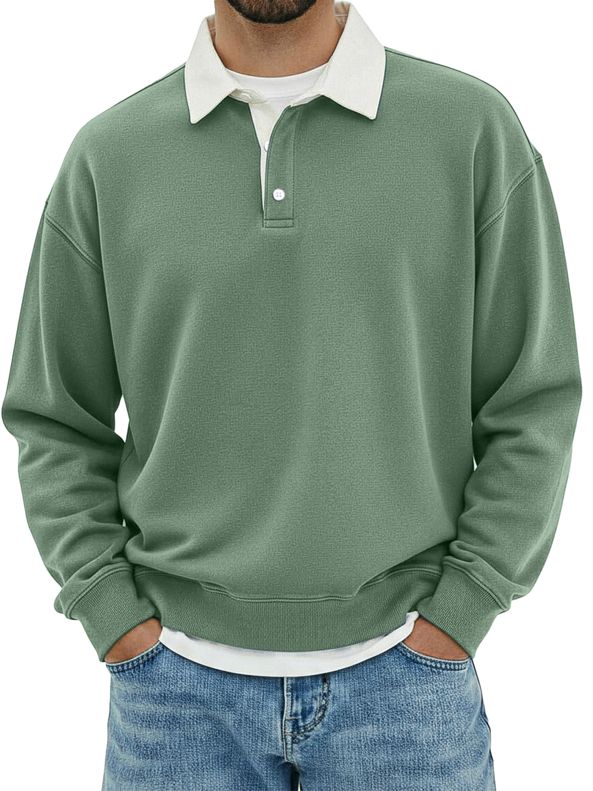 Herren Freizeit Poloshirt mit einfachem, lockerem Schnitt und langen Ärmeln in einfarbiger Farbe-ZierMode