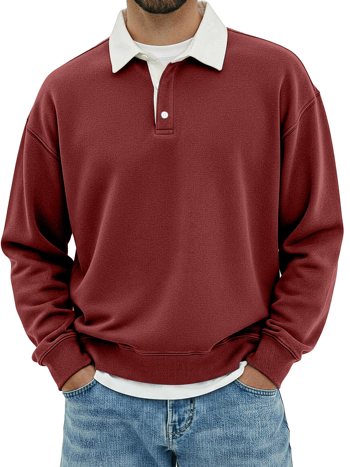 Herren Freizeit Poloshirt mit einfachem, lockerem Schnitt und langen Ärmeln in einfarbiger Farbe-ZierMode