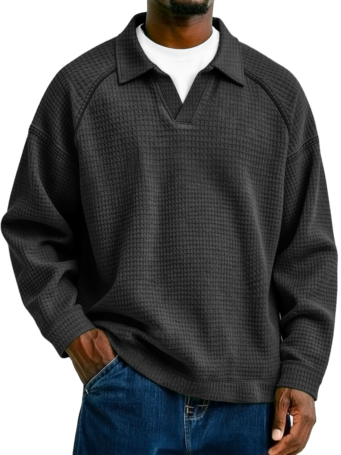 Herren Waffelstrick-Kragen Faux Zwei-Teiler Raglan Patchwork Freizeit Polo-Shirt-deurabatt