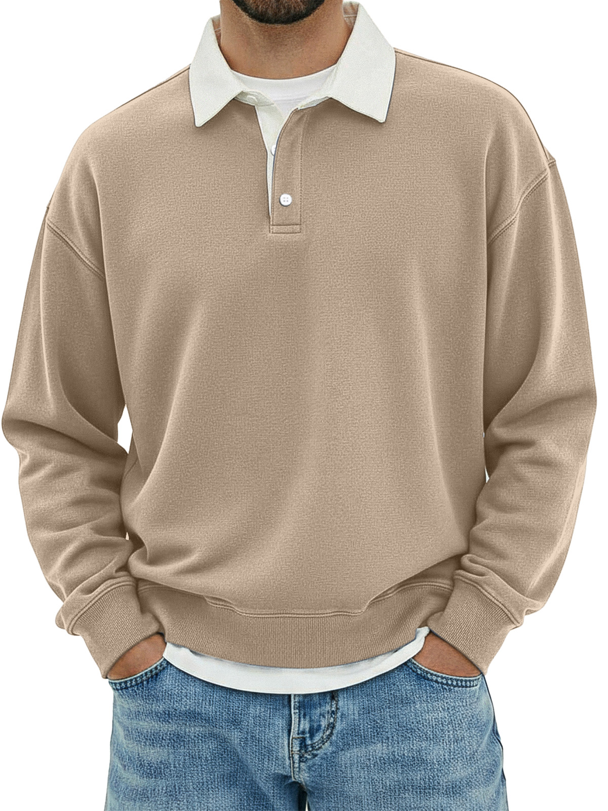 Herren Freizeit Poloshirt mit einfachem, lockerem Schnitt und langen Ärmeln in einfarbiger Farbe-ZierMode
