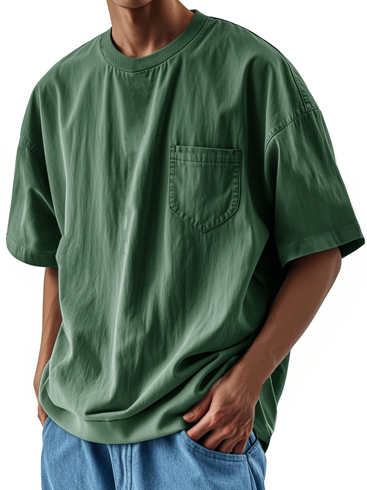 Herrenmode Lässiges Retro-Shirt Rundhals Tasche Kurzarm T-deurabatt