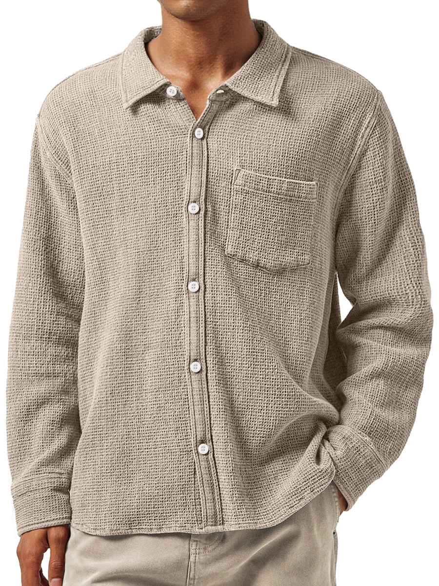 Herren Daily Waffle Texture Revers Tasche Lässige Langarmshirt-deurabatt
