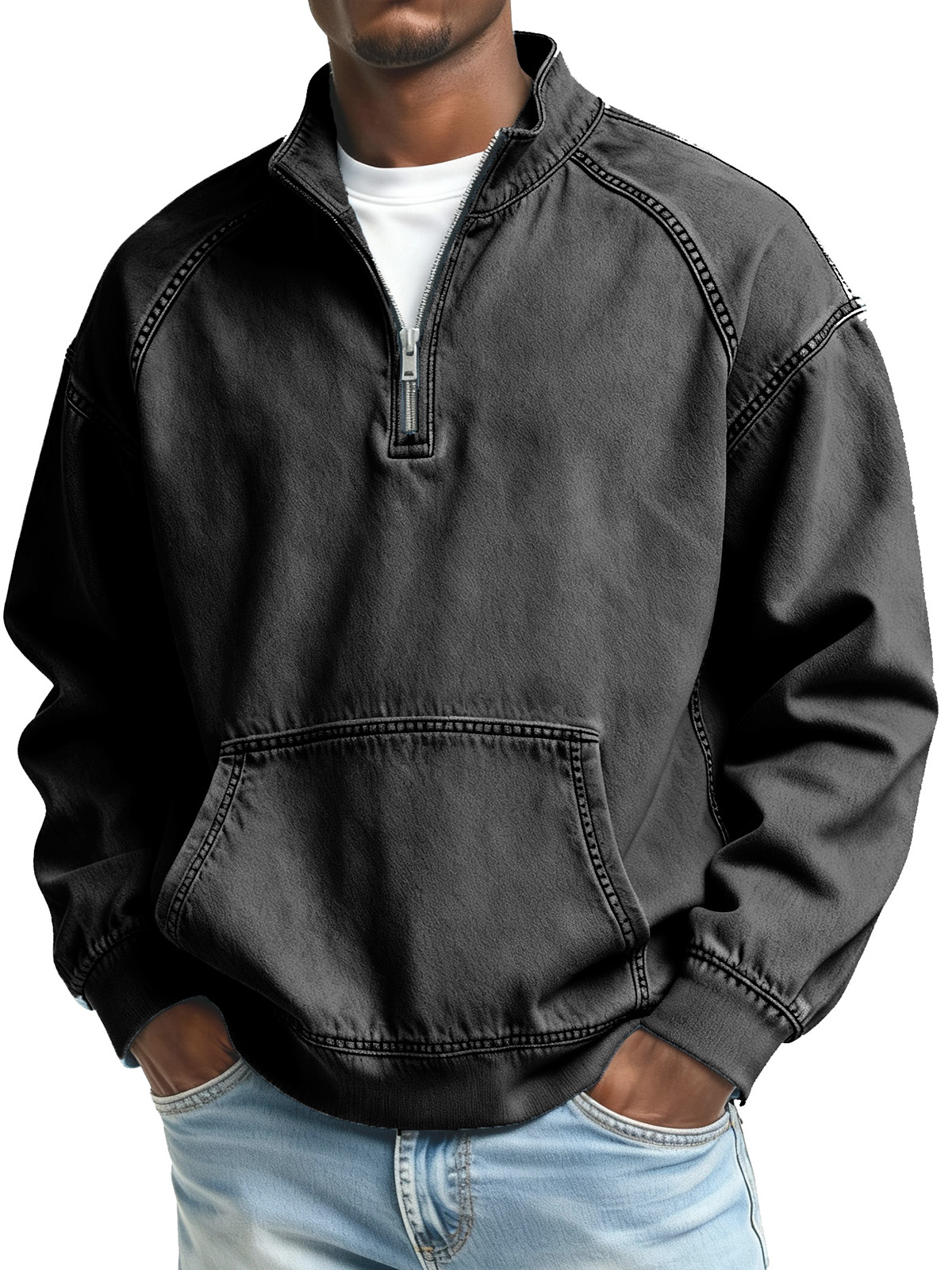 Herren Mode Retro Stehkragen Raglan Tasche Langarm Oberteil-deurabatt
