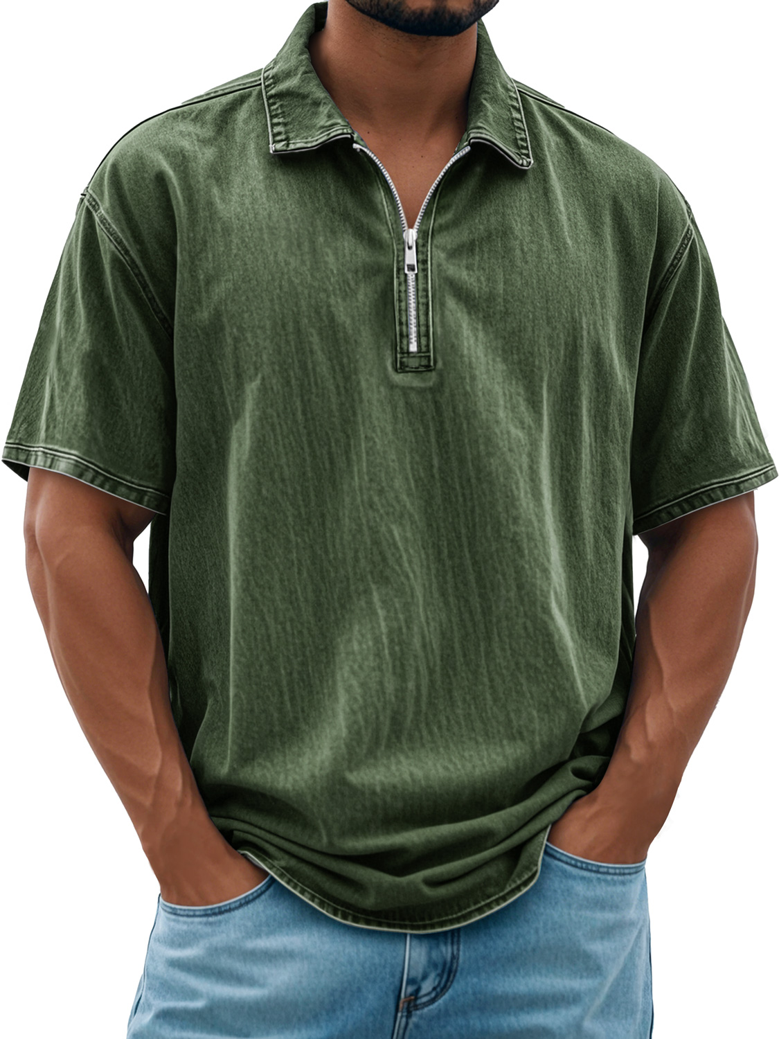 Herren Retro Daily Revers Reißverschluss Freizeit Kurzarm POLO Shirt-deurabatt