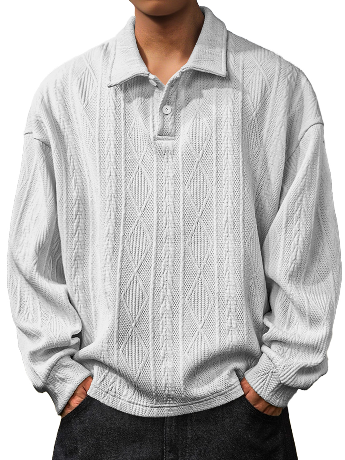 Herren Daily Jacquard Struktur Revers Knopf Langarm Polohemd-deurabatt