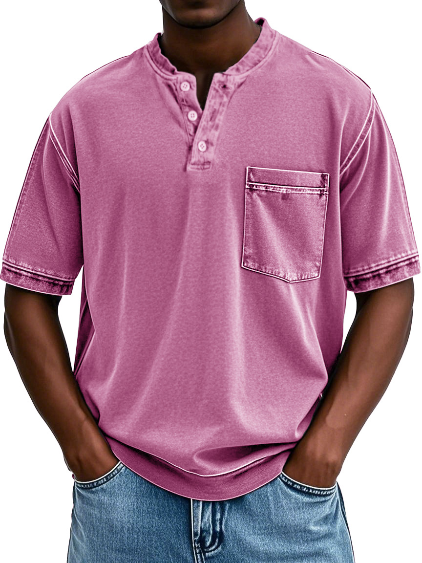 Herrenmode Retro Rundhals Tasche Kurzarm Henley Shirt-deurabatt