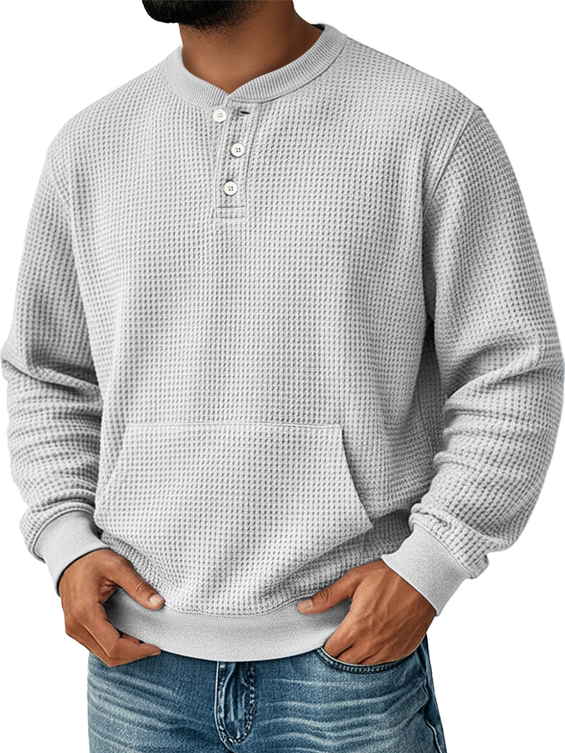 Herren Einfaches Waffel Stehkragen Knopf Freizeit Tasche Sweatshirt-deurabatt